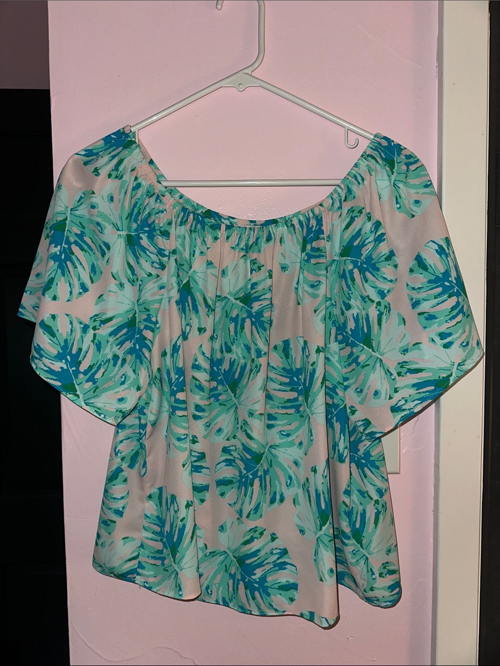 Buddy Love Teal and Aqua Tropical Off-Shoulder Blouse